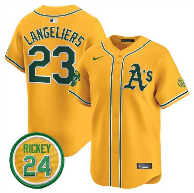 Mens Oakland Athletics #23 Shea Langeliers Yellow 2024 Limited With Rickey Henderson Patch Stitched Jersey Dzhi